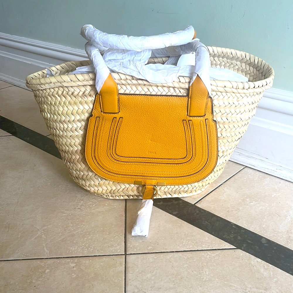 CHLOE MARCIE TOTE BAG LUNA RAFFIA SUNDLOWER YELLOW MEDIUM LARGE - Picture 2 of 9